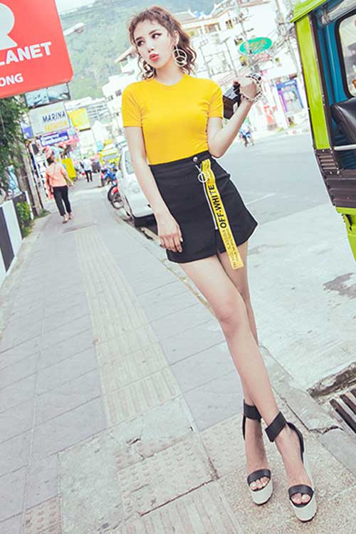 韓版個性撞色字母織帶拉鏈高腰包臀半身裙
